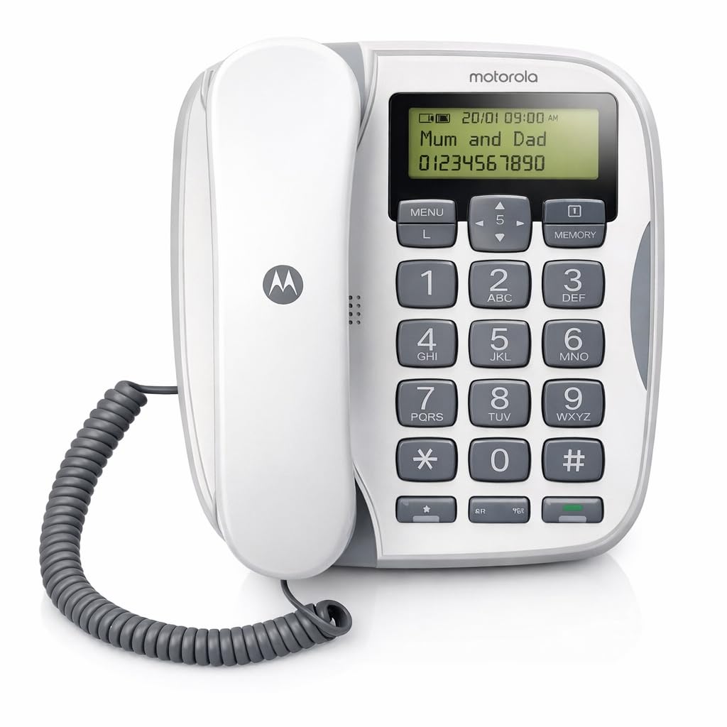 Telefono Fisso con Vivavoce Motorola CT510, Tasti Grandi, Display LCD, Volume Regolabile, Rubrica, Funzione Mute, Montaggio a Parete, Colore Bianco
