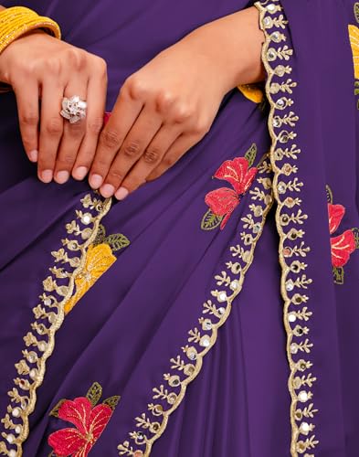 Image of SIRIL Women's Embroidery, Mirror Work, Scalloped Border Shimmer Georgette Saree With Unstitched Blouse Piece