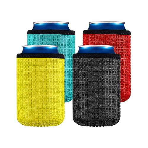 TAFACE 4 fundas para latas, soporte aislante, fundas antideslizantes para latas, enfriador de neopreno, fundas para enfriar bebidas, para cerveza, cola, etc. (negro, rojo, amarillo, azul)
