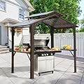 Domi 8'×5' Hardtop Grill Gazebo, Outdoor BBQ Gazebo with Galvanized Steel Double Roof, Permanent Sun Shade Grill Canopy Shelter with 2 Side Shelves and Ceiling Hook for Patio Yard Garden (Brown)