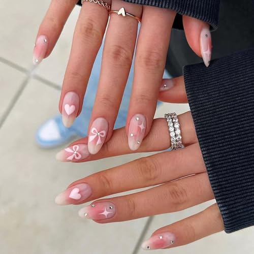 Kit de 24 uñas postizas de almendra largas con diseño de corazón, lazo y brillantes – Uñas semipermanentes adhesivas reutilizables para mujeres, ideas de regalo de San Valentín