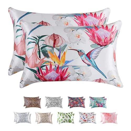 Image of MR&HM Satin Pillowcase for Hair and Skin, Silk Satin Pillowcase 2 Pack, Standard Size Pillow Cases Set of 2, Silky Pillow Cover with Envelope Closure (20x26, Floral Bird)