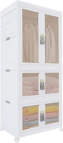 Armario plegable blanco extragrande, 25.2 x 16.5 x 55.1 in, organizador de 3 niveles con barra de ropa, contenedores plegables dobles, puertas