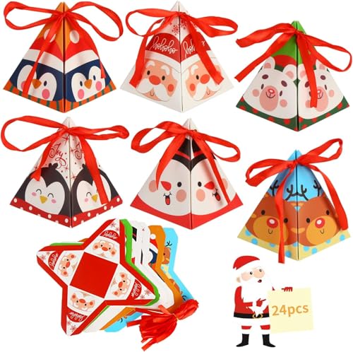 DERAYEE 24 Stück Weihnachten Süßigkeiten Boxen, 6 Stile, Weihnachts Leckerli Geschenkboxen mit Schleife, Dreiecks Süßigkeiten Boxen für Weihnachtsfeiern Kekse