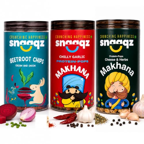Image of Snaaqz Supergrain Snacks Combo 290g | Beetroot Chips Cream & Onion, Cheese & Herbs Makhana & Chilly Garlic Makhana | Pack of 3 | High Protein | Baked & Crunchy | Vegetarian | Low-Calorie | Healthy Snacks for Adults & Kids