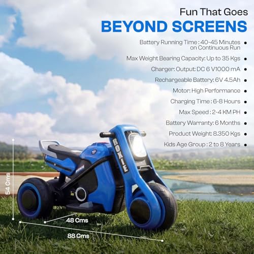 Image of Toyzone Roxie Kids Electric Bike (Blue)| Rechargeable Bike with 6V 4.5Ah Battery | MP3 /USB /BT Music & LED Lights| Smooth Acceleration | 6 Months Battery warranty, For Kids Age 2 to 8 Years, Upto 35 kg