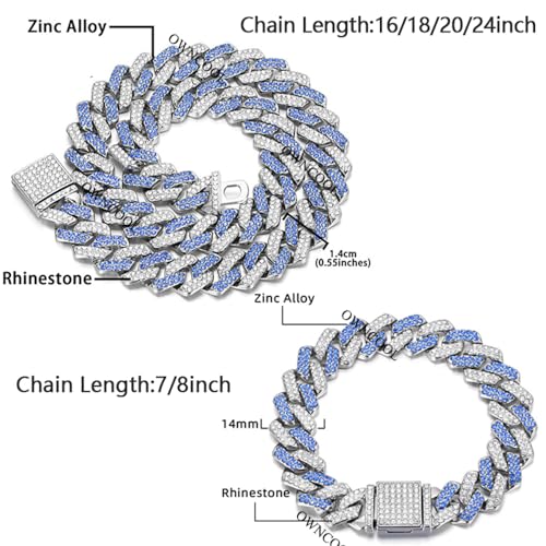 2 PCS Blue Iced Out Cuban Link Chain Cuban Diamond Chain Necklace Bracelet Bling Hip Hop Jewelry for Men Women4