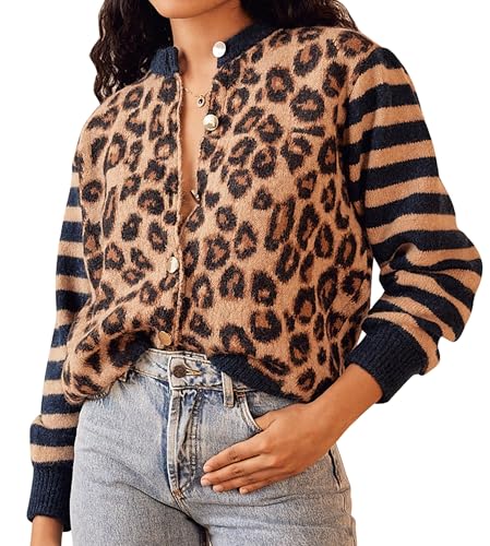 Women's Leopard Striped Cardigan Open Front Color Block Button Down Knit Sweater Fall Cropped Coat