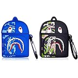 for Airpods 1 & 2 Fashion Shark Backpack Cover, Durable Shockproof Headphone Cover with Keychain Cute and Funny Cover, Cartoon Fashion Cover, 2 Pack