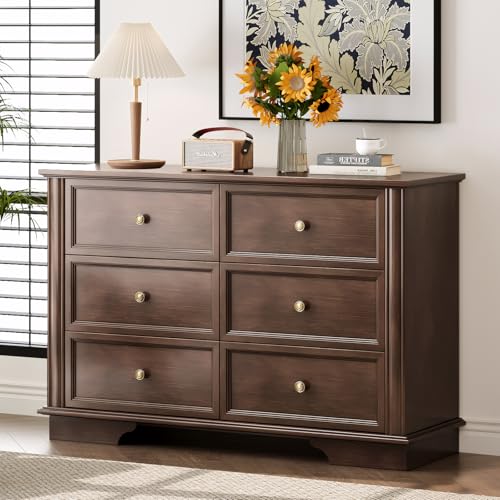 VINGLI Wood Dresser 6 Drawer, Brown Dresser for Bedroom, Vintage Dressers, Chest of Drawers for Living Room, 47.24