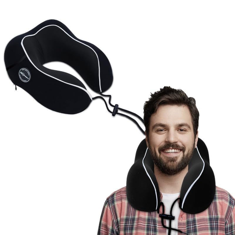 Image of Neodrift TravelNeck Pro - Memory Foam Travel Neck Pillow with Head Support for Airplane, Car, Train, Bus, and Home Usage with Velvet Cushion (Black)