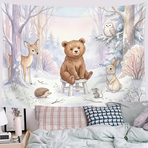 Tapisserie murale animaux forêt rose violet pour salon