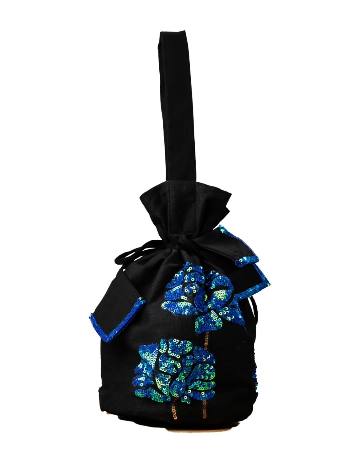 Women's Black & Blue Round Potli Bag | Hand Embroidered Silk Potli Bags - Handcrafted for Weddings, Festive Season & Special Occasions with Beads and Sequins - Made in India-image-10