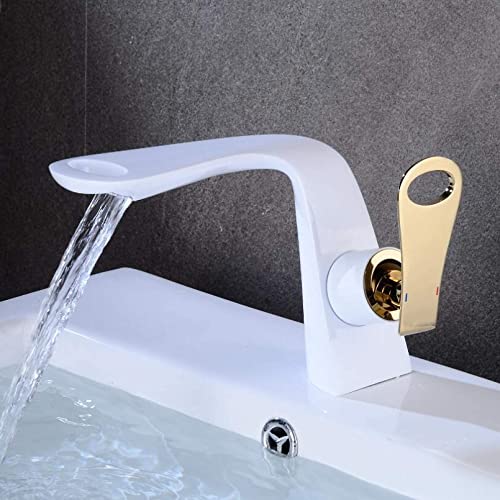 Robinet de lavabo de salle de bains double cascade mitigeur eau chaude froide blanc or ZXLIHS