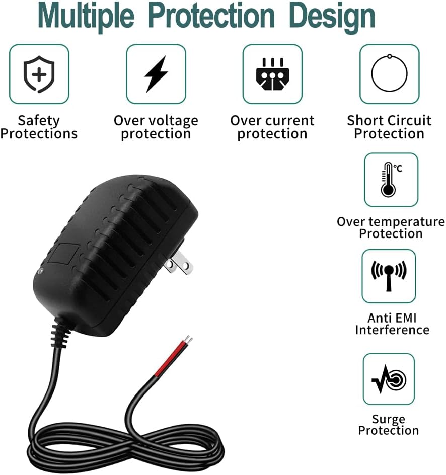 12V 2A Power Adapter 24W Supply 100-240V 50-60Hz AC to 12V DC Power Supply 2A Universal AC Adapter 12 Volts 2 Amp Transformer Equipped with Bare Wires and Quick connectors
