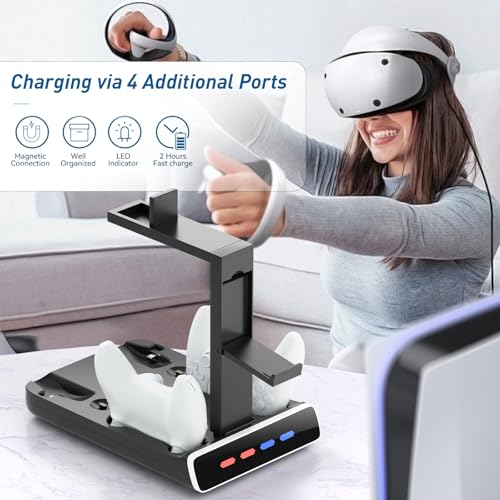 Image of 3-in-1 Controller Charging Dock for PSVR2 and PS5, VR Stand Display with LED Light, PS5 VR2 Storage Base Gaming Accessories, 4 Magnetic Clasp & Type-C Cable