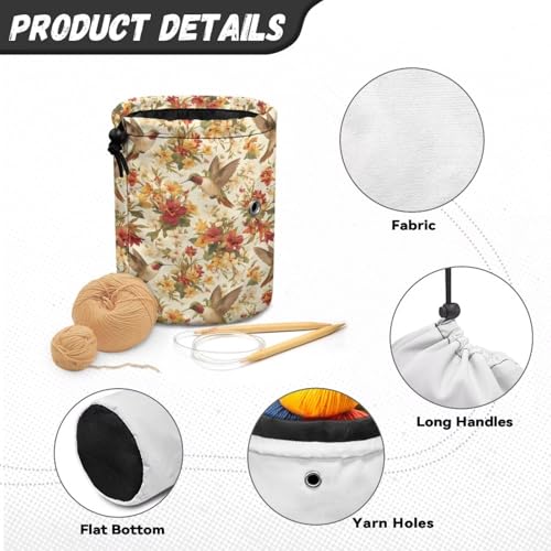 Image of Sellikakes Hummingbird Floral Retro Crochet Organizer Yarn Holder, Portable Knitting Bag Crochet Storage Bag Store Crocheting Supplies Needles Skein Balls Sewing Accessories