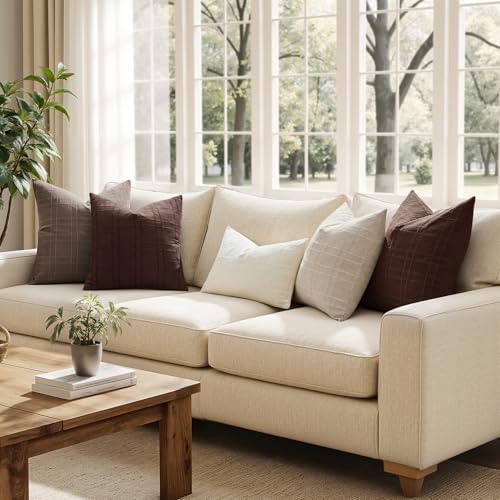 Image of MIULEE Decorative Linen Check Throw Pillow Covers Neutral Farmhouse Vintage Pillow Covers 20x20 Set of 2 Boho Modern Winter Home Decor for Sofa Couch Bedroom Cushion Dark Brown