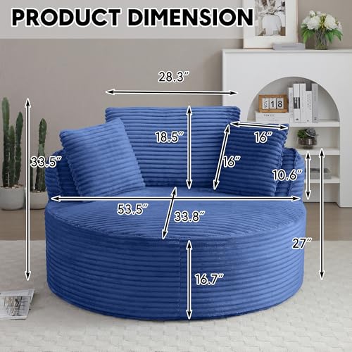 Image of Oversized Round Chair Lounge Chaise Indoor, 53.5 inch Upholstered Corduroy Deep Seat Single Cloud Sofa Chair, Fluffy Modern Large Circle Boneless Sleeper Sofa for Living Room, Bedroom, Blue