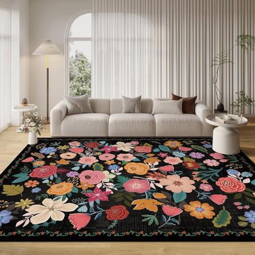 Tapis grand salon floral noir 160x230cm à poil ras doux - 2