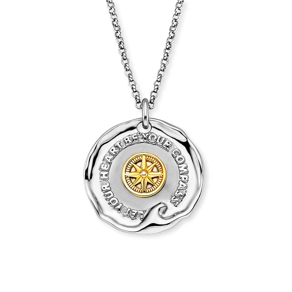 Angel Whisperer Aloha Women's Necklace Made of Sterling Silver with Round Bicolour Let Your Heart Be Your Compass Pendant - Lobster Clasp - Adjustable in Three Lengths - Nickel-Free, 42 cm