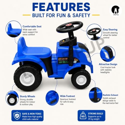 Image of Little Pup Kids Ride On Tractor Toy with Music & Horn, Steering Wheel, Comfortable Backrest, Wide Footrest & Sturdy Wheels for Boys & Girls (Blue)