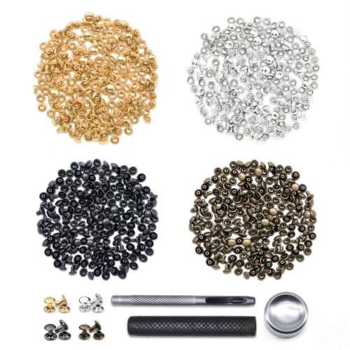 SEMINI 400 Sets Double Cap Leather Rivets, 5mm Tubular Metal Studs with 3 Pieces Setting Tools Kit, 4 Colors Rivets for Fabric Leather Craft Repair Decoration