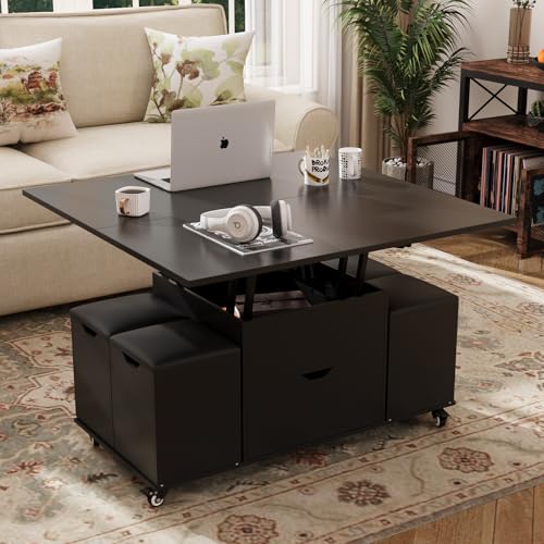 VOWNER Table Basse Relevable, Multifonctionnelle 3 en 1 avec Tiroir et 4 Tabourets, Transformable en Table à Manger de Salon (Noir)