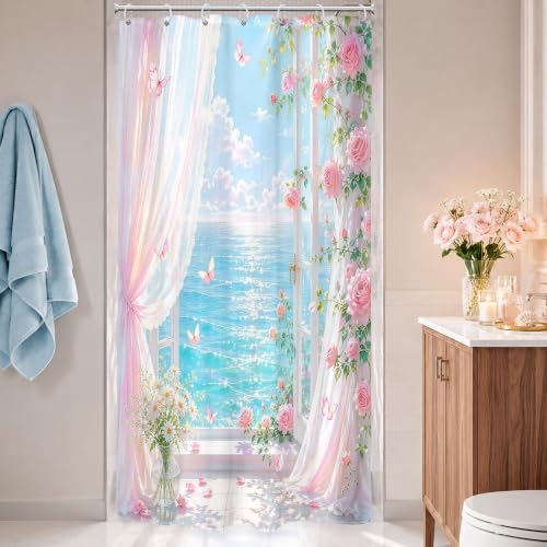 Image of Riyidecor Pink Ocean Roses Shower Curtain 36Wx72H Inch Small Stall Beachy Coastal Floral Flower Pretty Butterfly Hawaii Summer Scenery Beachside Bathroom Decor Fabric Polyester Waterproof 7 Pack Hooks