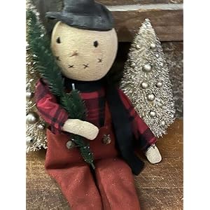 Primitives Supplies for Grubby Primitive Rustic Christmas Snowman W Red Black Flannel Overalls Doll for Holiday Kitchen Farhouse Home Decor