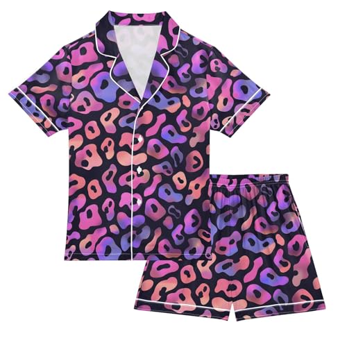 ALAZA Leopard Print Color Animal Pajamas Satin Pajama Set Short Sleeve Button Down Sleepwear