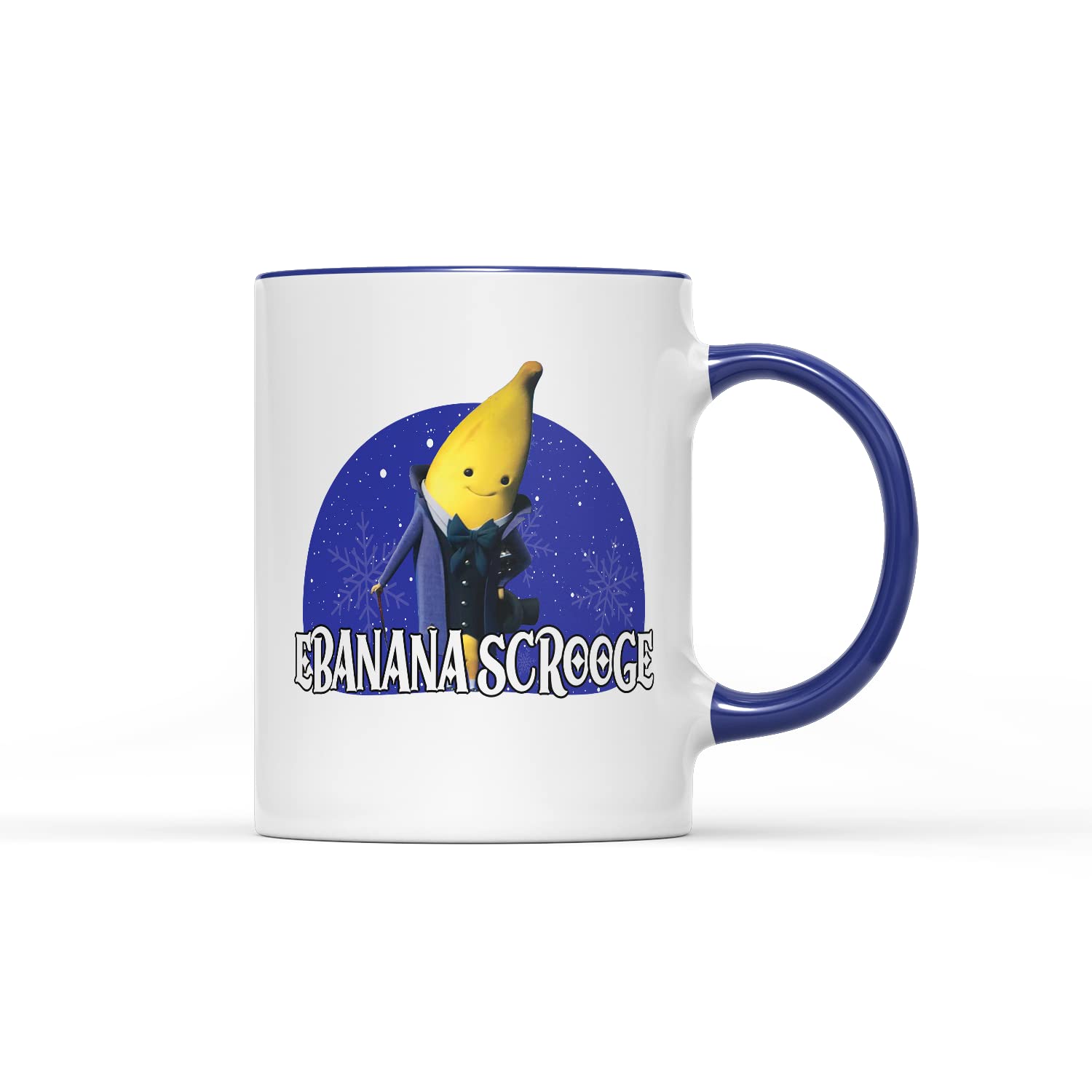 WillowGifts Ebanana Scrooge Mug - Novelty Character Merch Banana Advert Xmas Christmas Movie Book Novel Parody Stocking Filler Secret Santa Tea Coffee Cup Gift Present (Cobalt Handle)