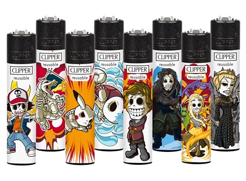 Clipper - Juego de 8 Mecheros Reusables | Encendedores en Tamaño Grande | Reutilizables con Nuestros Kits (Ataque + Medieval)
