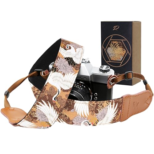 Image of Padwa Lifestyle Brown Crane Camera Strap - 2 inch Cowhide Leather Head Cotton Camera Straps for Photographers,Vintage Japanese Art Print Adjustable Neck & Shoulder Strap for ALL DSLR /SLR Cameras
