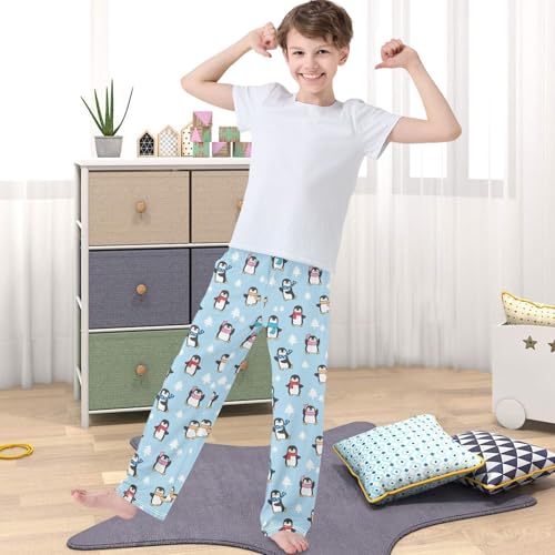 Boy's Pants Penguin with Scarf on Light Blue Lounge Bottoms Elastic Kids Sweatpants Joggers with Pockets Size 6-144