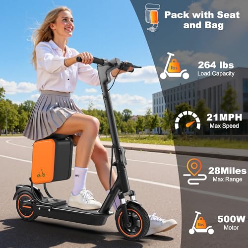 Image of G02 Electric Scooter with Seat for Adults, Dual Suspension, 21 MPH Top Speed, 500W Motor, 28 Miles Long Range, 10-inch Solid Tires Commuter E-Scooter for Adults and Teens