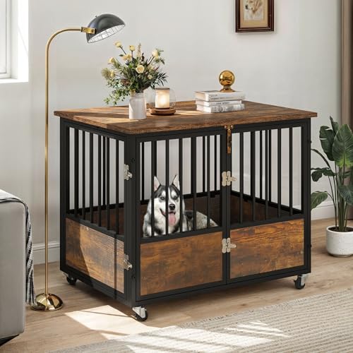 DWVO-Dog-Crate-Furniture-with-Wheels-38-Inch-Dog-Kennel-Indoor-Furniture-End-Table-Dog-Crate-for-Dogs-Farmhouse-Decorative-Wooden-Dog-Cage-Table-with-Double-Doors-Chew-Resistant-Rustic-Brown DWVO Dog Crate Furniture with Wheels 38 Inch Dog Kennel Indoor Furniture End Table Dog Crate for Dogs Farmhouse Decorative Wooden Dog Cage Table with Double Doors Chew Resistant Rustic Brown