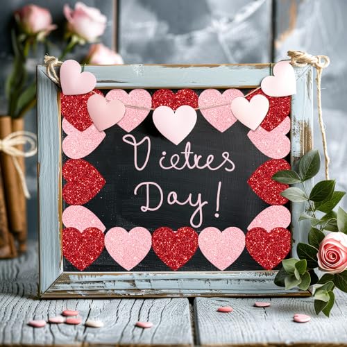 Image of Whaline 65.6ft Heart Bulletin Board Border Glitter Pink Red Heart Shaped Die-Cut Border Trim for Valentine's Day Anniversary Chalkboard Decoration
