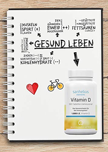 Sanhelios Sonnenvitamin D - 1000 I.E. Vitamin D3 - Unterstützt Knochen, Zähne, Muskeln und Immunsystem* - 365 Minitabletten Jahresvorrat - Nur Premium Zutaten - Hergestellt & geprüft in Deutschland