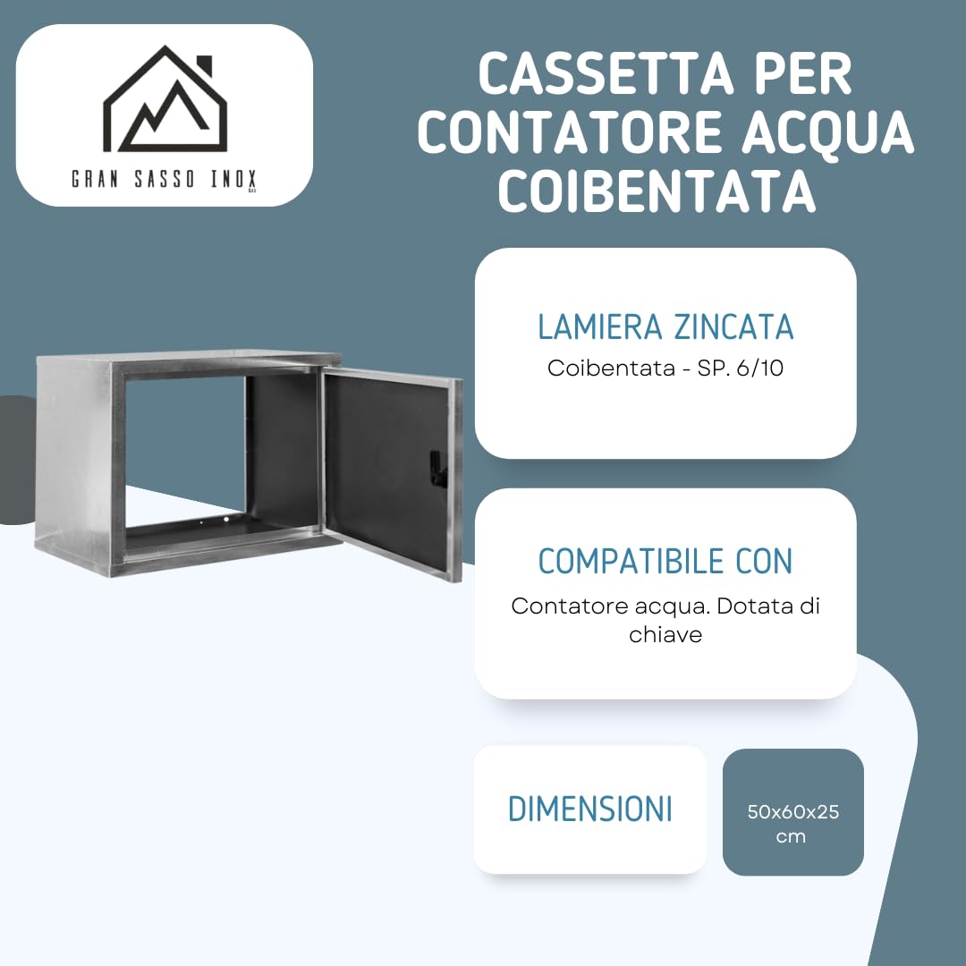 Cassetta Coibentata per Contatore Acqua in Lamiera Zincata – Spessore 6/10 – Dimensioni 50x60x25cm – Dotata di chiave