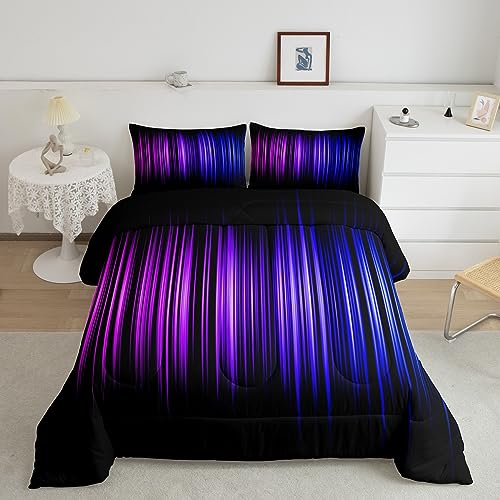 Image of Feelyou Geometric Abstract Ombre Comforter Set Queen Size, Purple Blue and Black Bedding Set for Boys Girls Ombre Gradient Lines Comforter Abstract Duvet Set Kids Room Decor Microfiber Bed Set