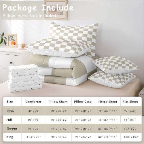 Image of Feelyou Checkered 7 Piece Bedding Set Teen Women Men Beige Plaid Comforter Set with Sheets Queen Size Kids Boys Cute Retro Neutral Checkerboard Geometric Bed in a Bag Vintage Aesthetic Room Decor