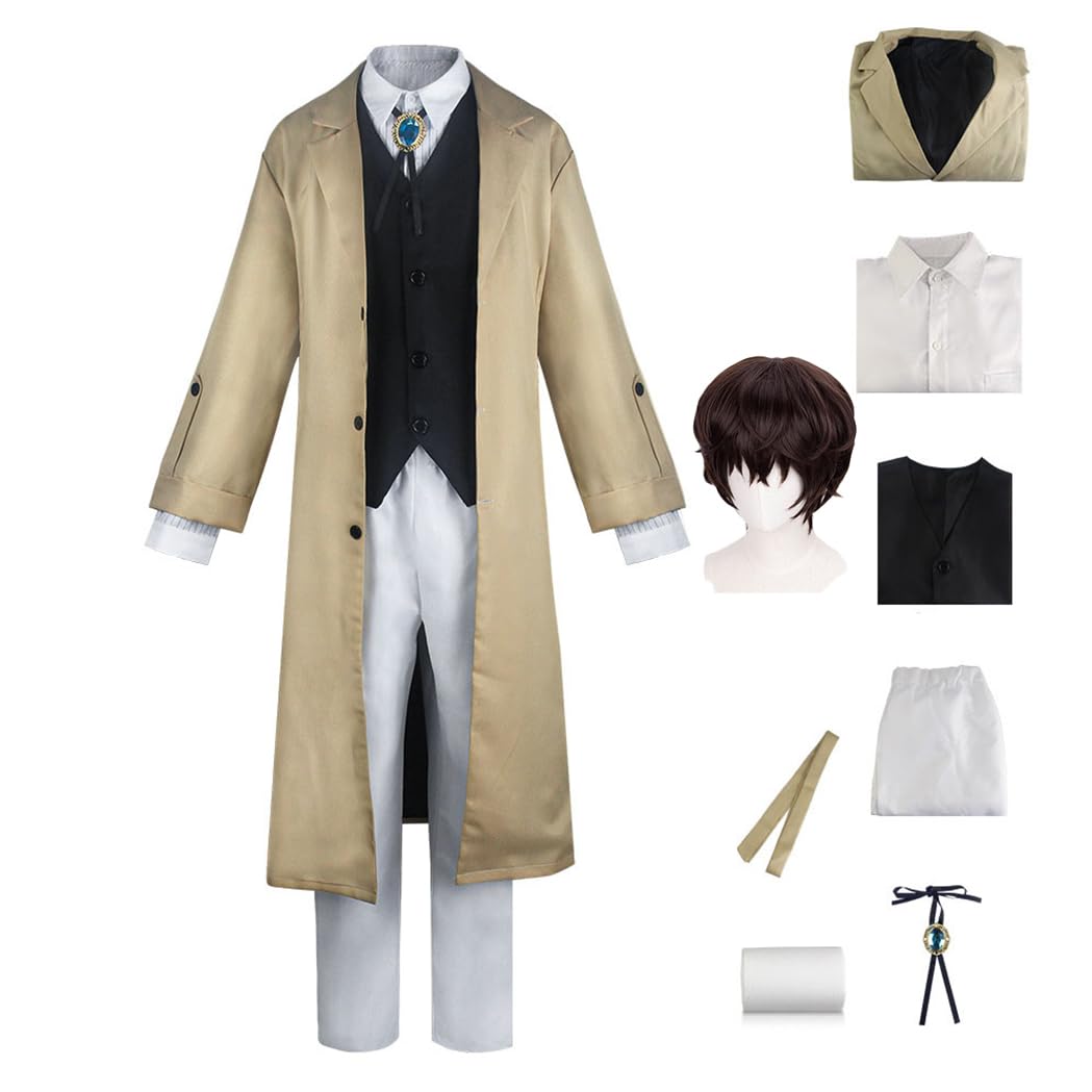 BSD Dazai Osamu Cosplay Costume Nakahara Chuuya/Yosano Akiko Cosplay Outfit, Anime Nakajima Atsushi Detective Uniform Pant or Shirt Skirt Full Set with Wig Halloween Dress Up Suit for Women Men