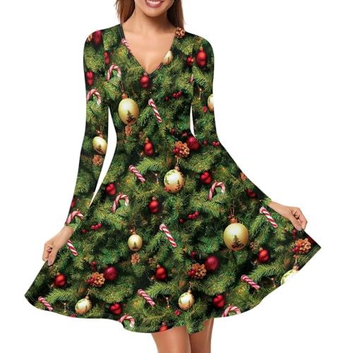 QUJUFOZY Xmas Tree Candy Canes Dark Green Dress Christmas Dresses Yule Ball Dress Glitz and Glam Outfit for Women Womens Fall Casual Semi-Formal Fit and Flare Church Wedding Guest Work Dresses -2XL
