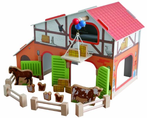 roba Bauernhof 'Farm', bedrucktes Holzspielzeug, Set mit Scheune, Stall, Heuboden, Zaun & 6 Bauernhoftieren, steckbar