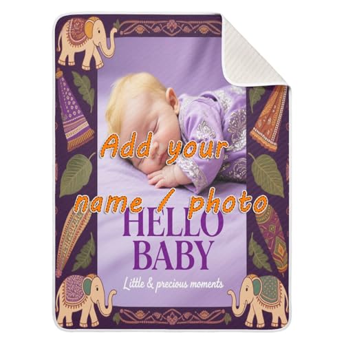 Custom Cute Baby Photo Cartoon Elephant Ehnic Style Purple Girl Muslin Swaddle Blankets Cozy para personalizar Photo Baby Blanket with Name for Girls or Boys 30x40in Mantas para