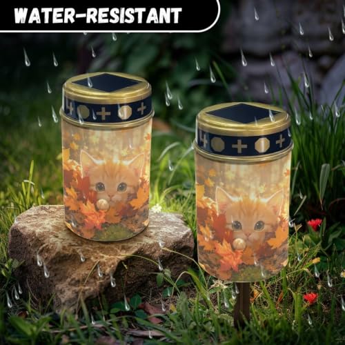 Image of Poceacles Flameless Candle Solar Powered Grave Outdoor Lights Cemetery Candle Flameless Fake LED Pillar Lights Outdoor Waterproof Lawn Decoration, Cute Cat Autumn Forest Leaf, Set of 6