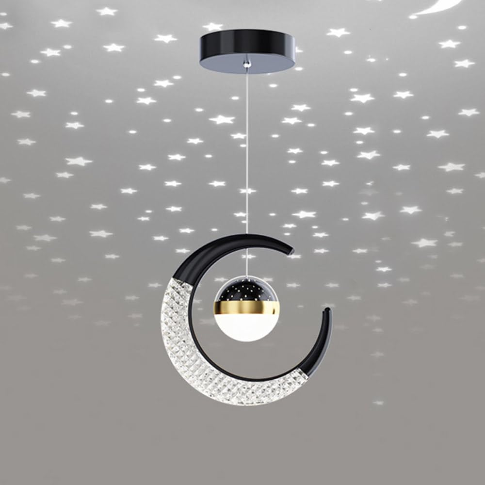 Mengjay Moon Pendant Light - Stars Fairy LED Lamp Chandelier for Kids' Bedroom Decoration (Black/White)