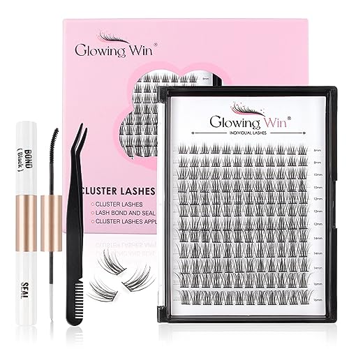 Glowing Win Cluster Lashes Kit DIY Eyelash Extensions Kit with Lash Bond&Seal and Applicator Individual Lashes Set 144PCS Wispy Lash Extensions Reusable C D durl Natural Eye Lashes Mix 8-16mm