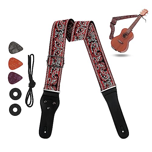 worahroe Sangle de guitare vintage en coton brodé avec extrémités en cuir véritable, rouge, Refer to detailed description - Les Beatles, Paul McCartney, John Lennon, RIngo Starr, George Harrison worahroe Sangle de guitare vintage en coton brodé avec extrémités en cuir véritable, rouge, Refer to detailed description